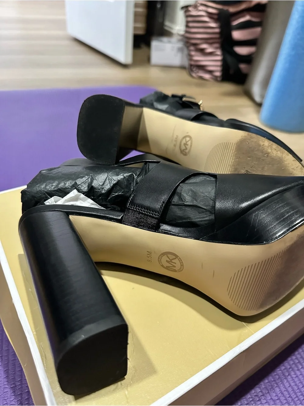 MICHAEL Michael Kors Black Leather Peep-Toe Block Heel Sandal with Gold Buckle